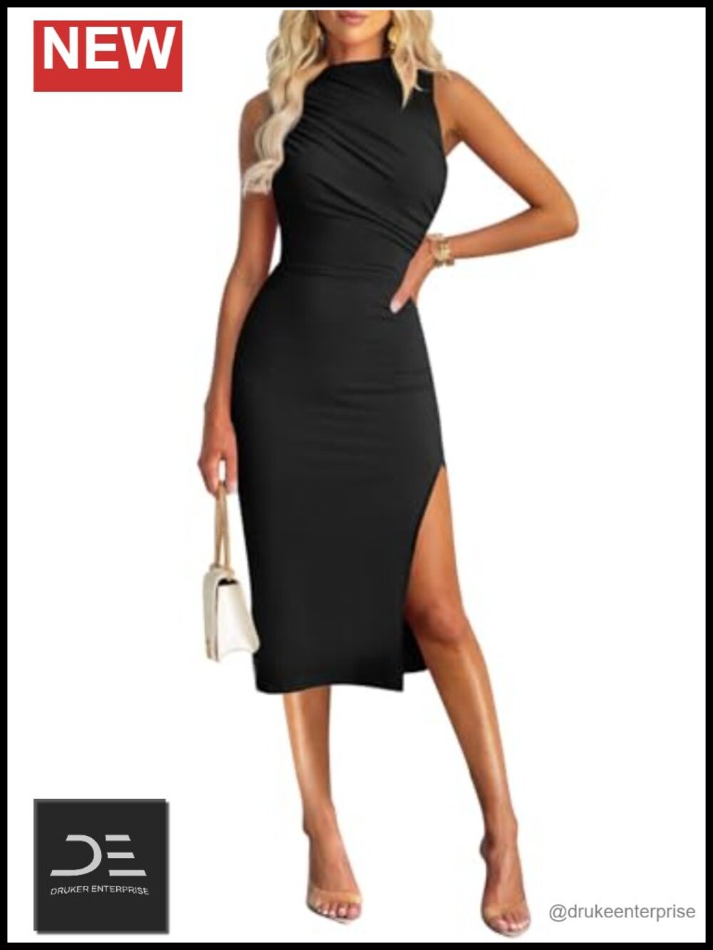 Women's Mock Neck Ruched Bodycon Midi Dress Sleeveless Side Slit Cocktail Party